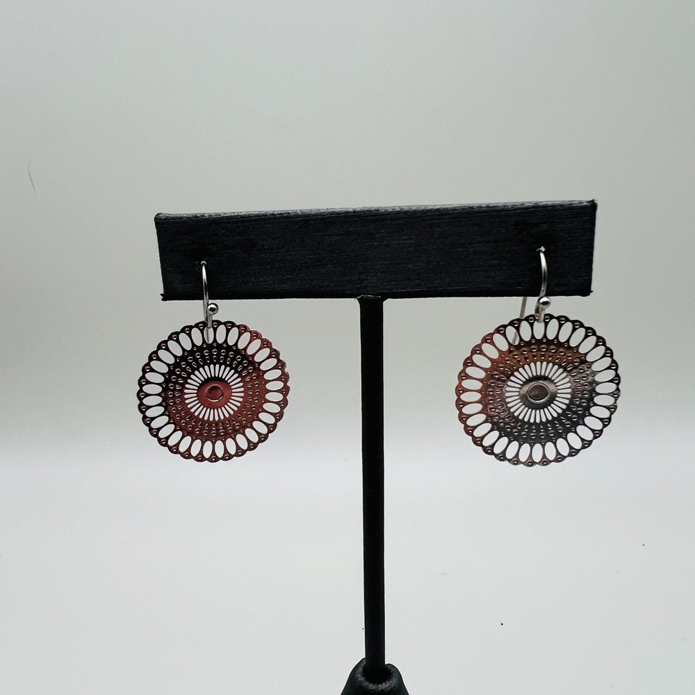 Silver Tone Sunburst Pierced Earrings Round Cutout Boho Sunburst Lacy Filigree